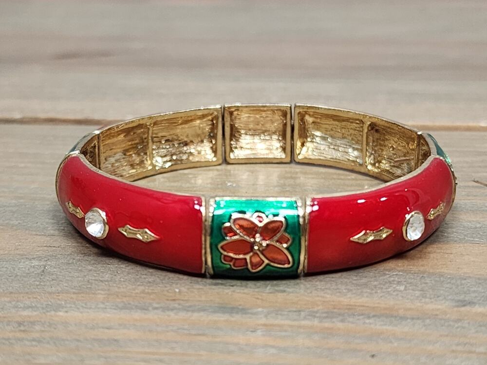 Joyland Holiday Stretch Bracelet Red Green Enamel Poinsettia Holly Gold Tone